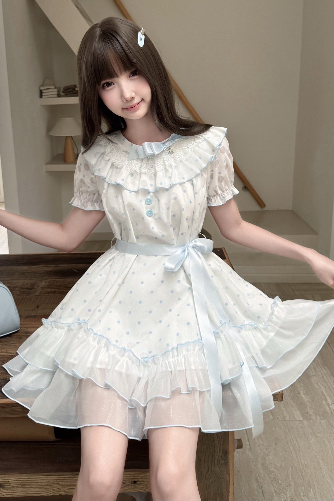 Gepunktetes Kleid mit Spitzenkragen und Bindegürtel