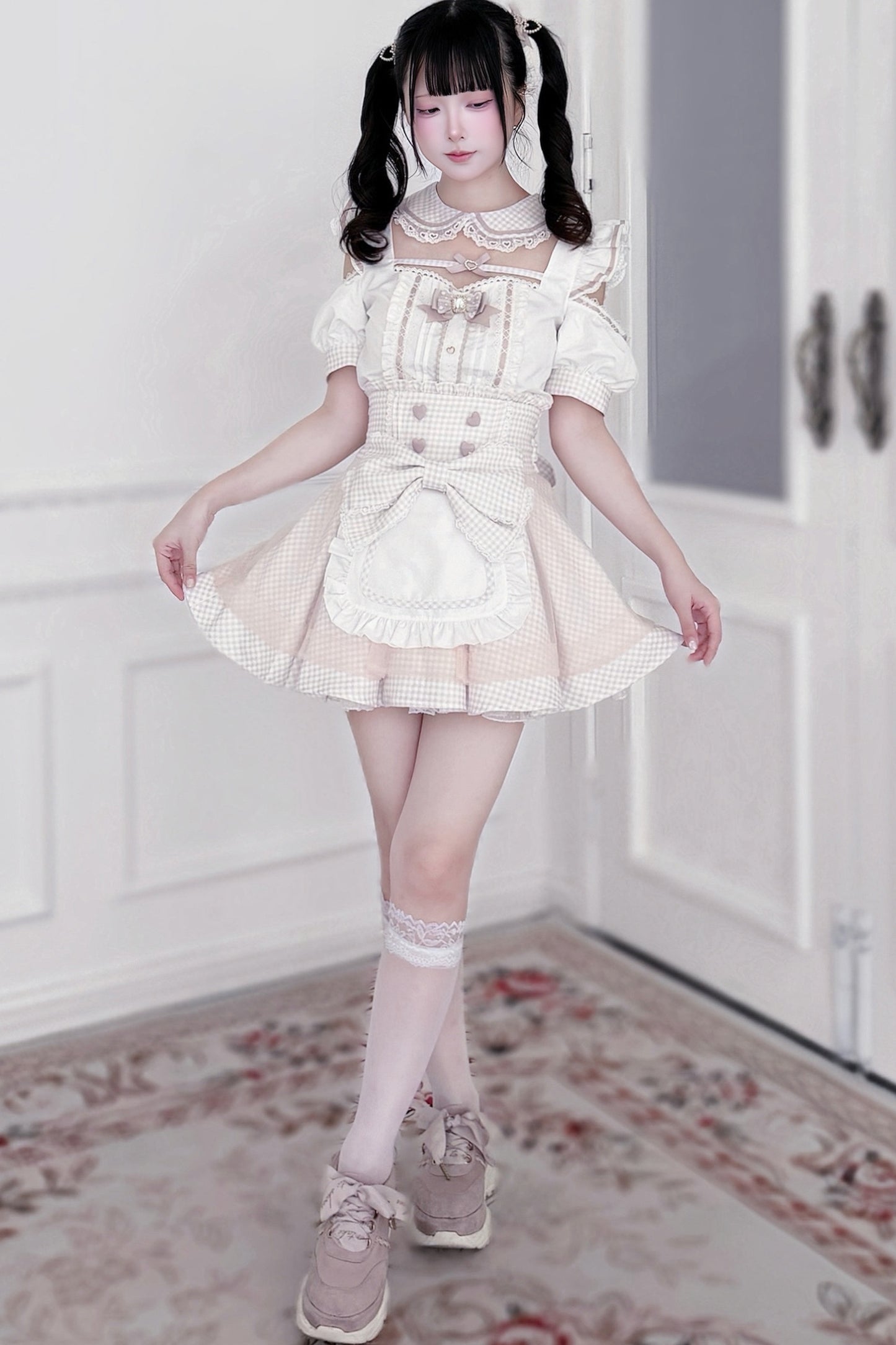 Ensemble haut à volants à carreaux style girly et minijupe à carreaux