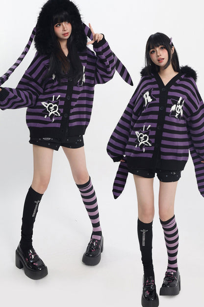 Y2K Purple Striped Fur Collar Cardigan
