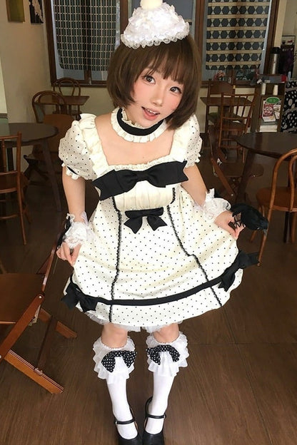 【5月29日予約締切】バニラポルカドットアンドグレーヴィンテージリボンパフスリーブドレス＋チョーカーセットアップ