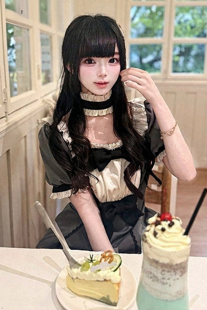 【5月29日予約締切】バニラポルカドットアンドグレーヴィンテージリボンパフスリーブドレス＋チョーカーセットアップ