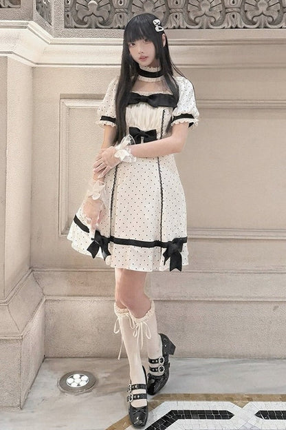 【5月29日予約締切】バニラポルカドットアンドグレーヴィンテージリボンパフスリーブドレス＋チョーカーセットアップ