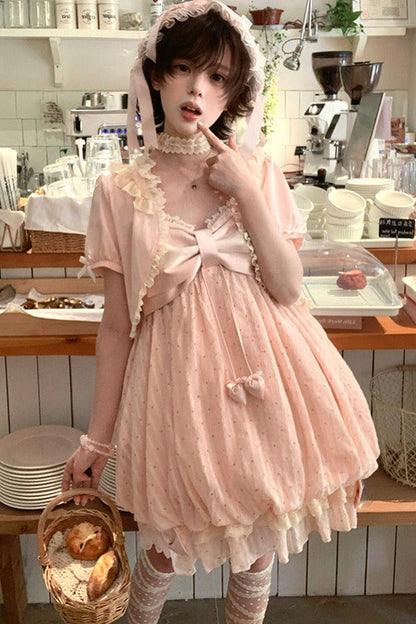 [Reservierungsschluss 29. Mai] Romantisches Feen-Ballonkleid mit rosa Punkten und Schleife