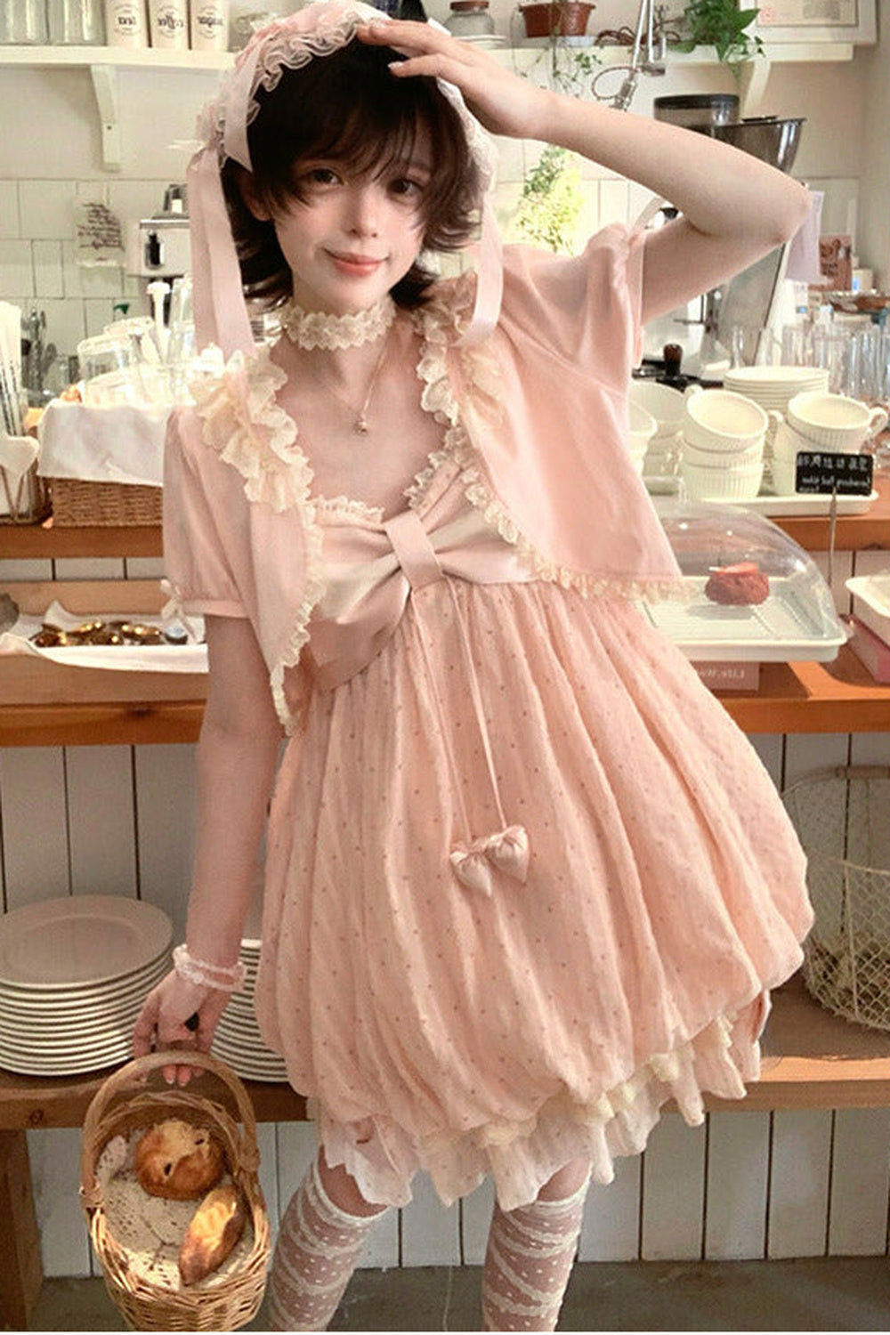 [Reservierungsschluss 29. Mai] Romantisches Feen-Ballonkleid mit rosa Punkten und Schleife