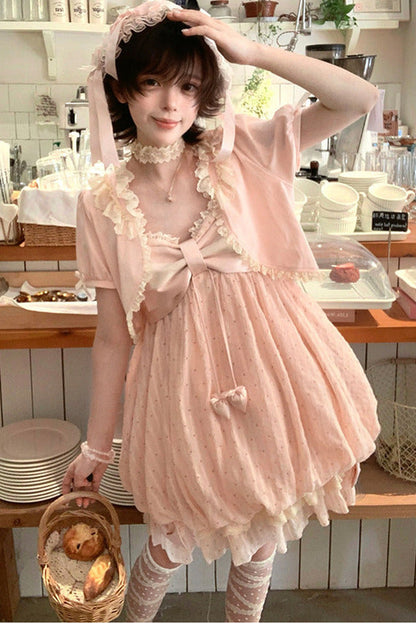 [Reservierungsschluss 29. Mai] Romantisches Feen-Ballonkleid mit rosa Punkten und Schleife