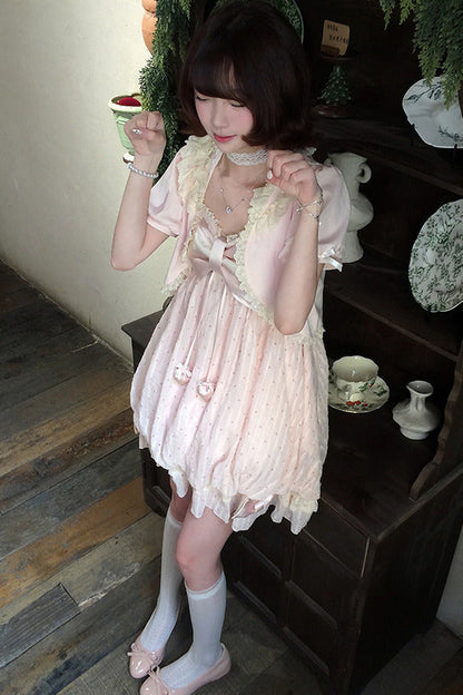 [Reservierungsschluss 29. Mai] Romantisches Feen-Ballonkleid mit rosa Punkten und Schleife