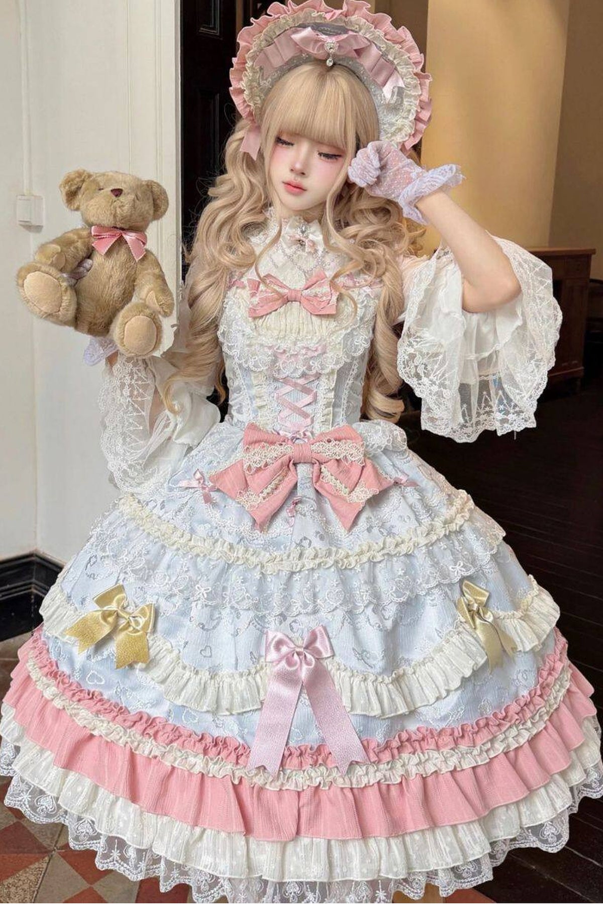Weißes Tee-Schleifen-Lolita-JSK-Kleid