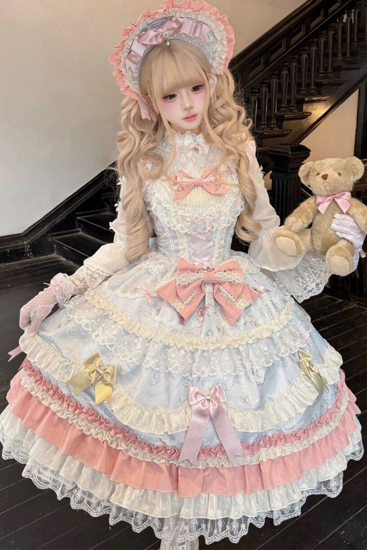 Weißes Tee-Schleifen-Lolita-JSK-Kleid