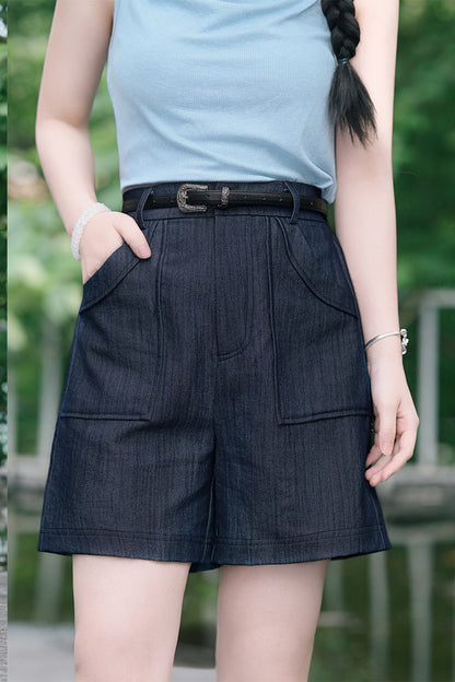 鹿刺繍リボンデニムショートパンツ