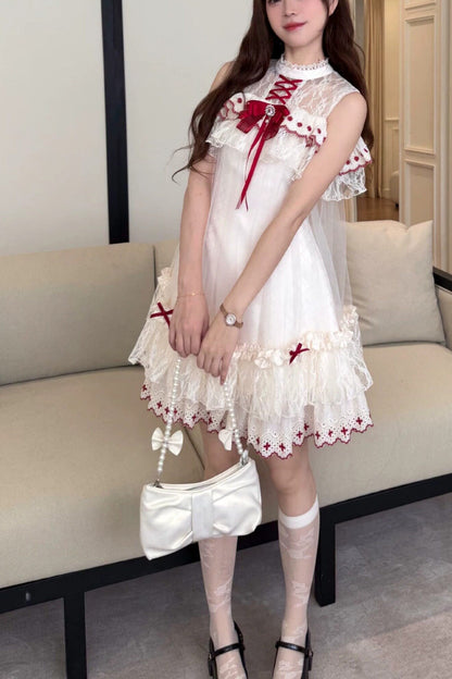 ボルドーリボンレースドールワンピース