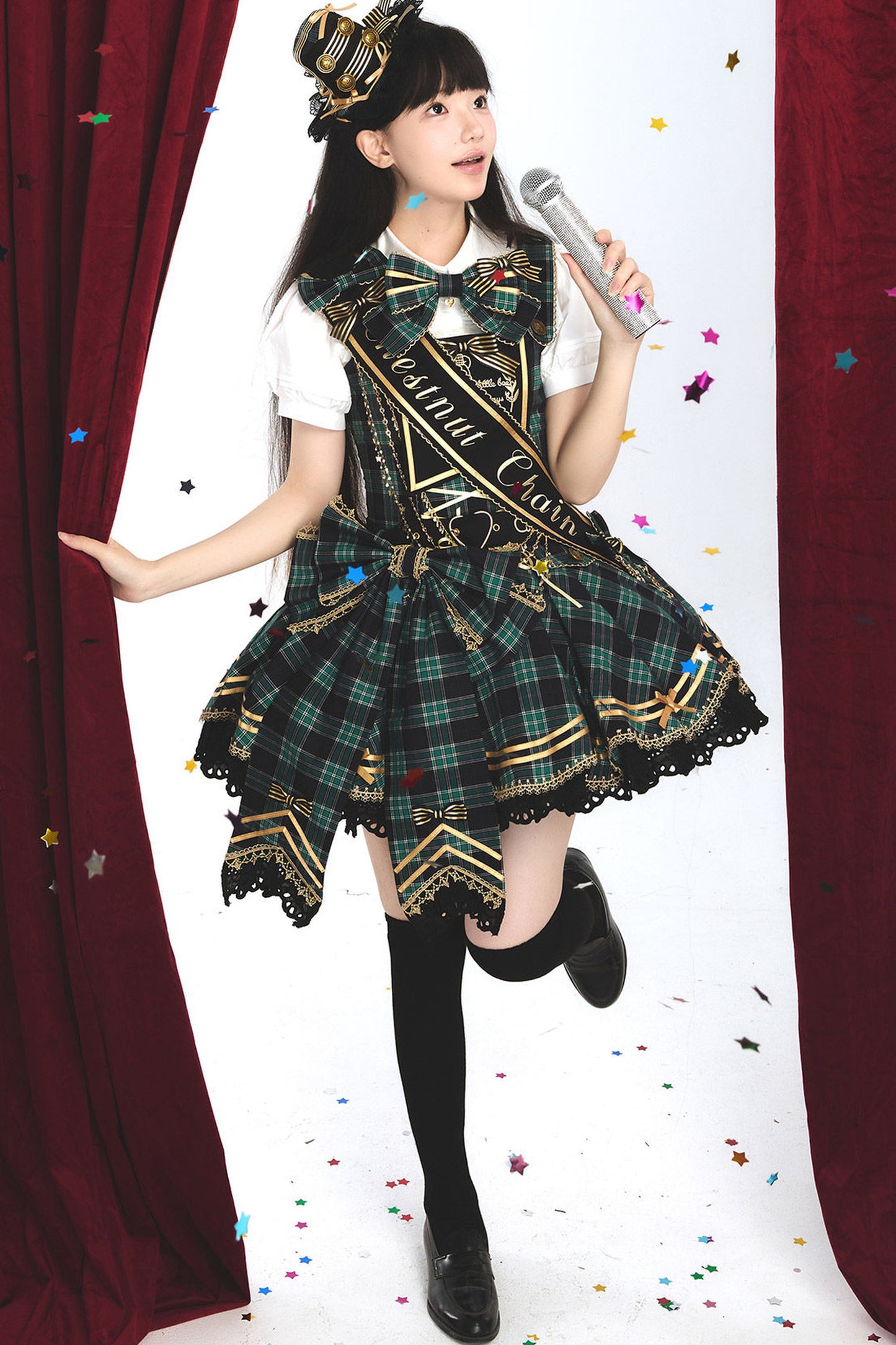 [Vorbestellung bis 18. Juli] Blau/Rot/Grün Idol-Lolita-Vintage-Karo-Goldbär-Schleifen-Spitzen-JKS-Kleid-Set 1/2/3 + Halsschleife