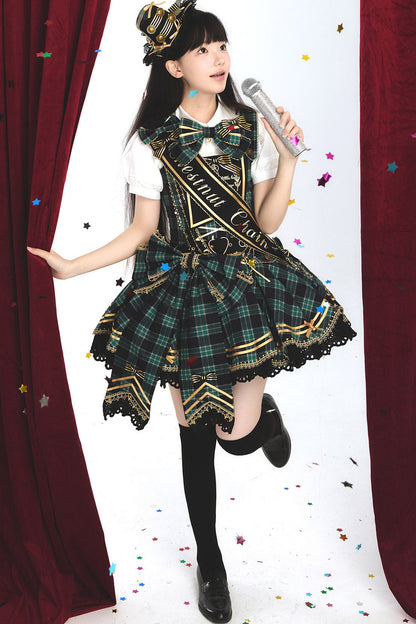 [Vorbestellung bis 18. Juli] Blau/Rot/Grün Idol-Lolita-Vintage-Karo-Goldbär-Schleifen-Spitzen-JKS-Kleid-Set 1/2/3 + Halsschleife