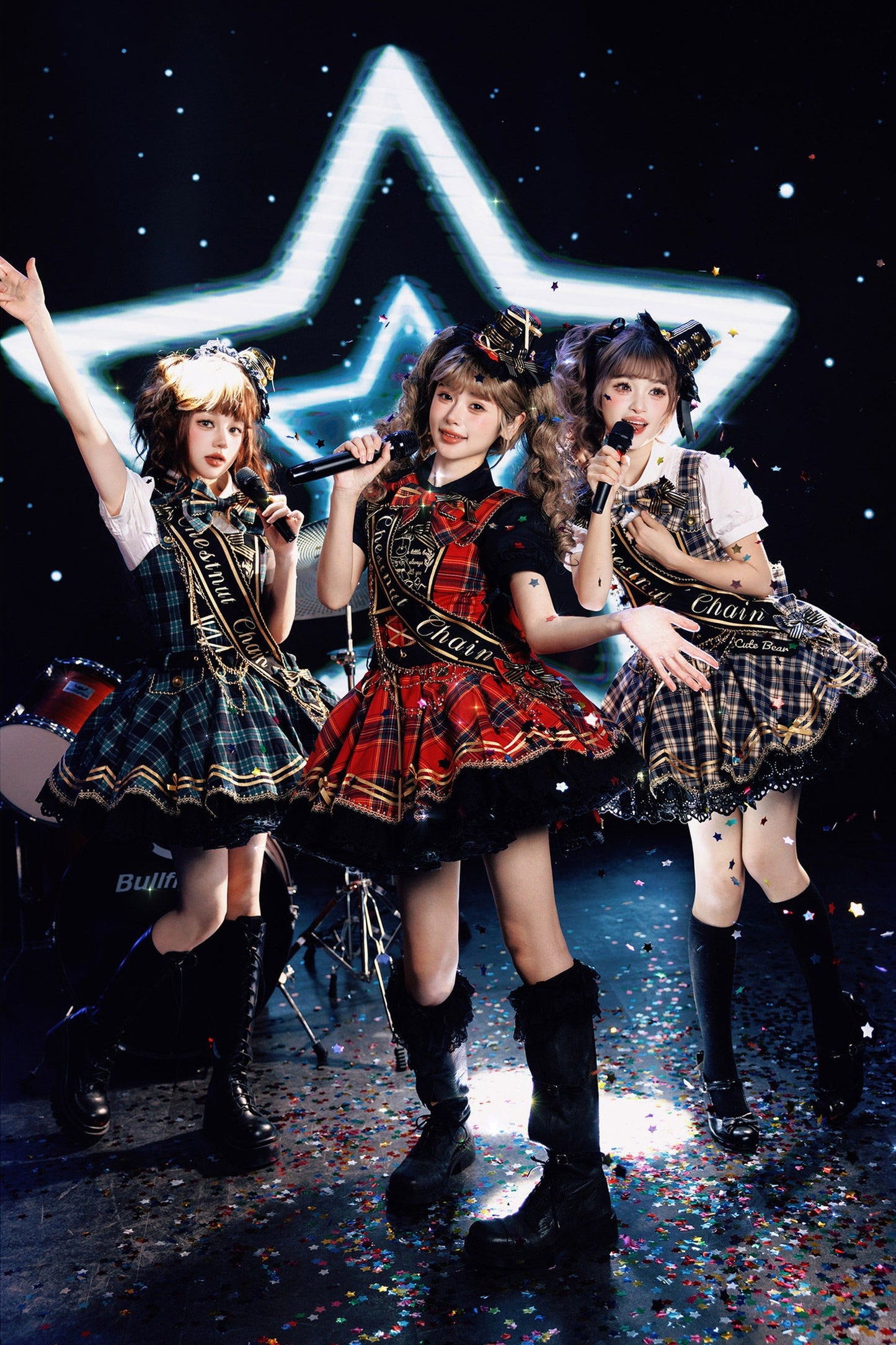 【7月18日予約締切】ブルー/レッド/グリーンアイドルロリータシリーズパフスリーブシャツ＋スカート