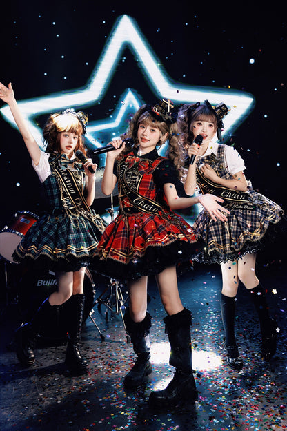 【7月18日予約締切】ブルー/レッド/グリーンアイドルロリータシリーズパフスリーブシャツ＋スカート