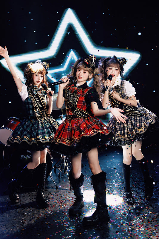 [Clôture des réservations le 18 juillet] Ensemble robe JKS lolita idol vintage à carreaux bleu/rouge/vert avec ours doré, rubans et dentelle 1/2/3 + ruban de cou