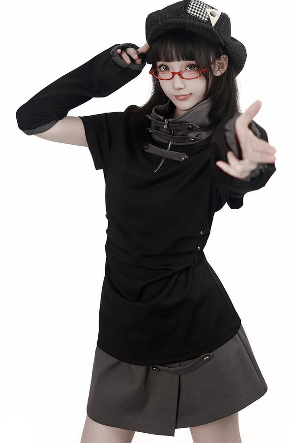 Black and Gray Stand-Up Collar Summer Short Skirt Set-Up