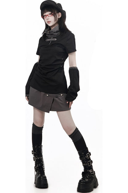 Black and Gray Stand-Up Collar Summer Short Skirt Set-Up