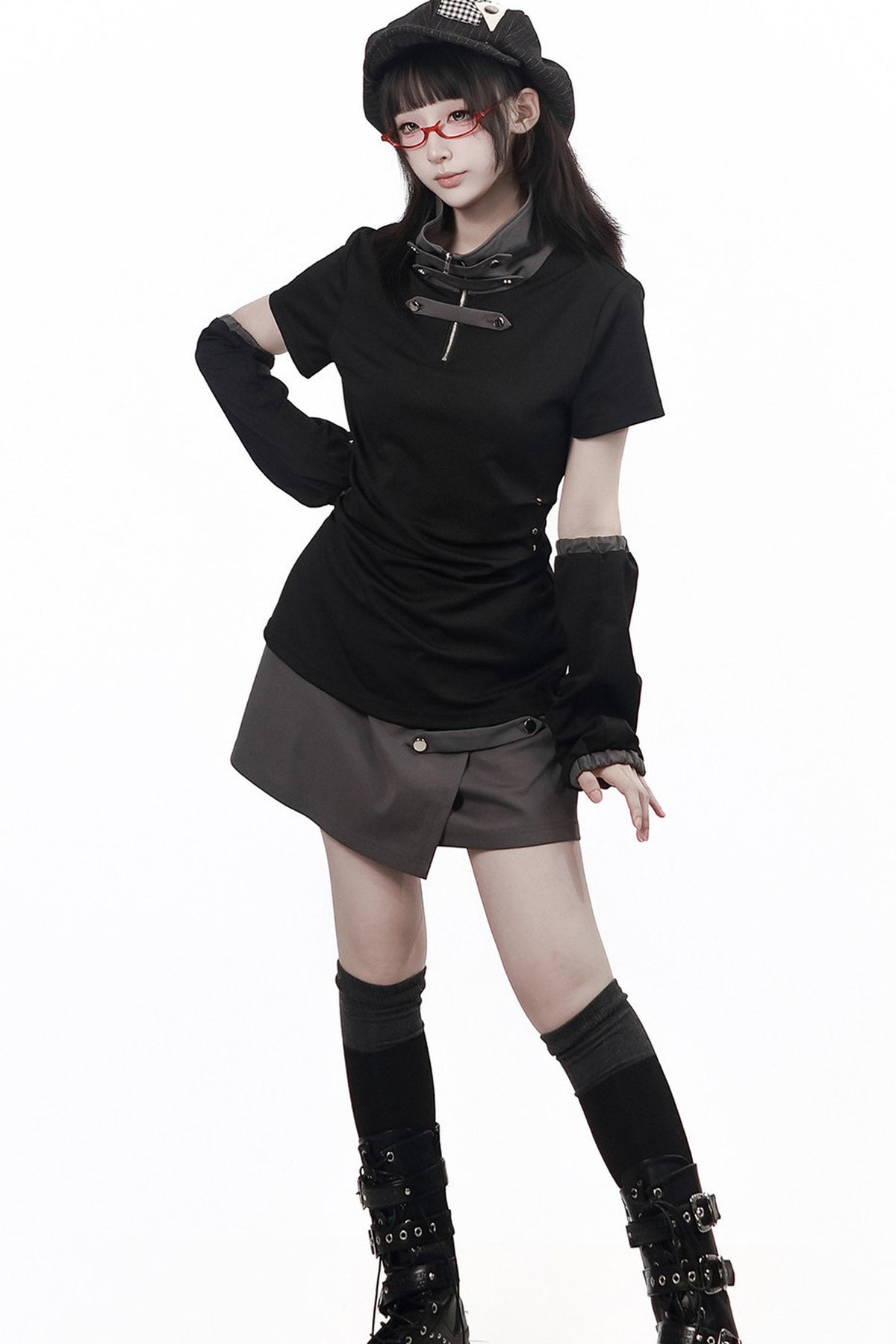 Black and Gray Stand-Up Collar Summer Short Skirt Set-Up
