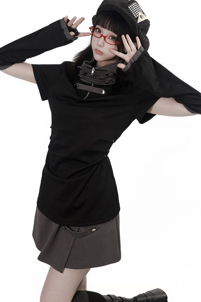 Black and Gray Stand-Up Collar Summer Short Skirt Set-Up
