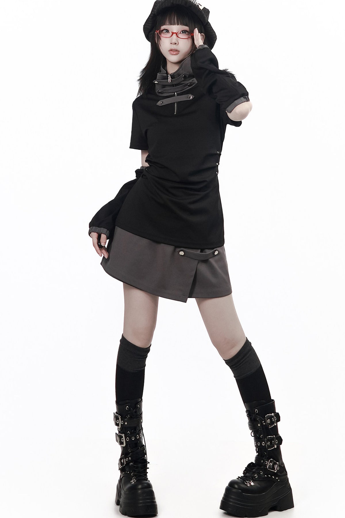 Black and Gray Stand-Up Collar Summer Short Skirt Set-Up