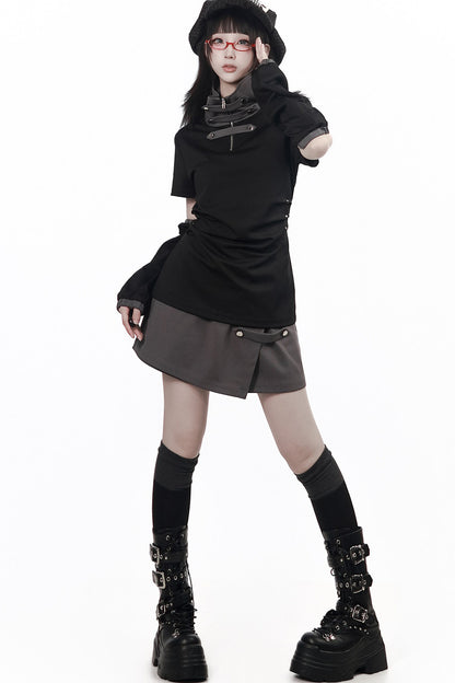 Black and Gray Stand-Up Collar Summer Short Skirt Set-Up