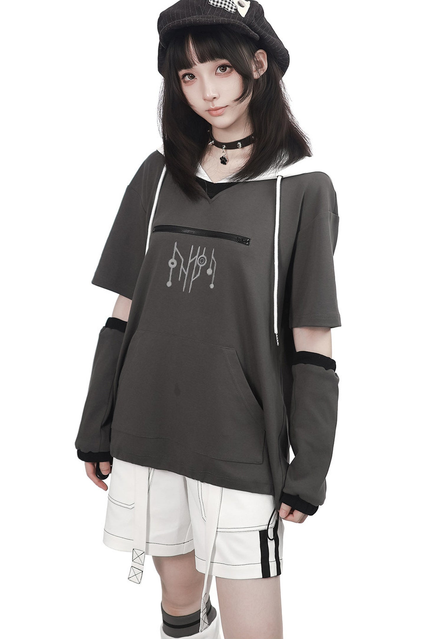 Gray Functional Stand Collar Zipper Short-Sleeve Set-Up
