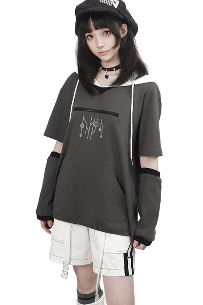 Gray Functional Stand Collar Zipper Short-Sleeve Set-Up