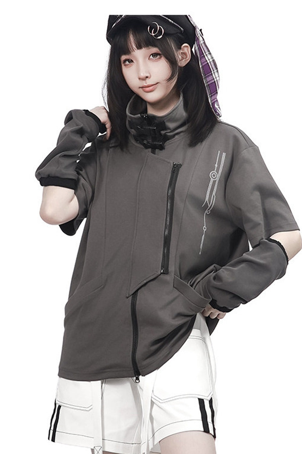 Gray Functional Stand Collar Zipper Short-Sleeve Set-Up