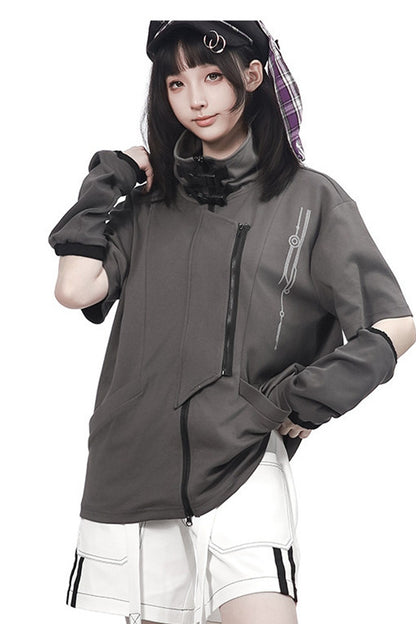 Gray Functional Stand Collar Zipper Short-Sleeve Set-Up