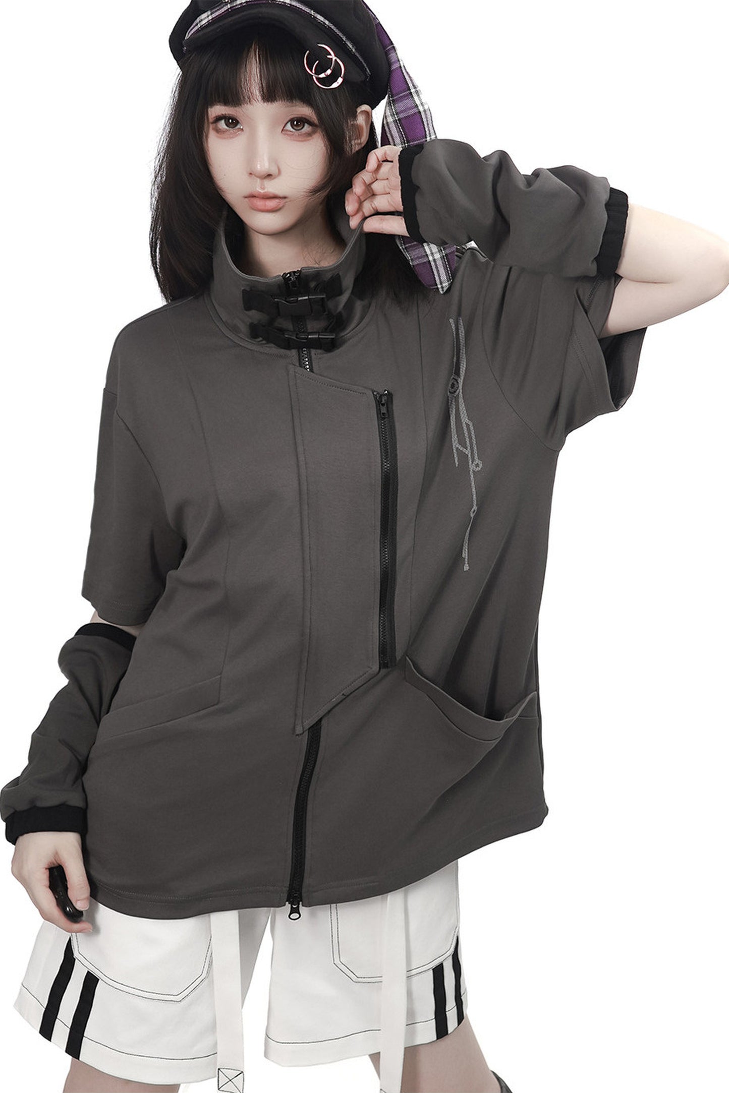 Gray Functional Stand Collar Zipper Short-Sleeve Set-Up