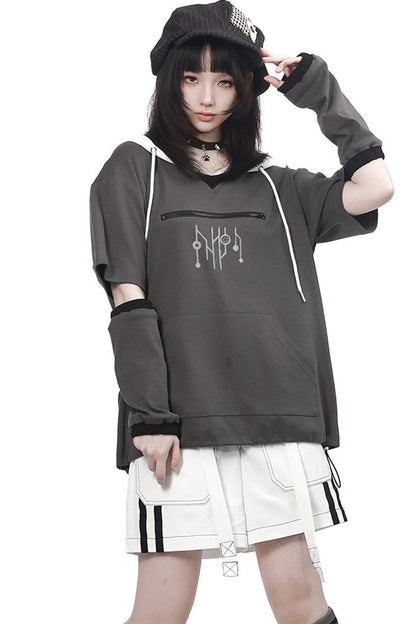 Gray Functional Stand Collar Zipper Short-Sleeve Set-Up