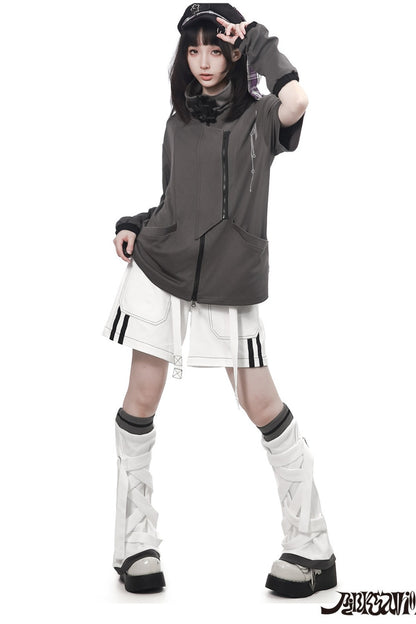 Gray Functional Stand Collar Zipper Short-Sleeve Set-Up