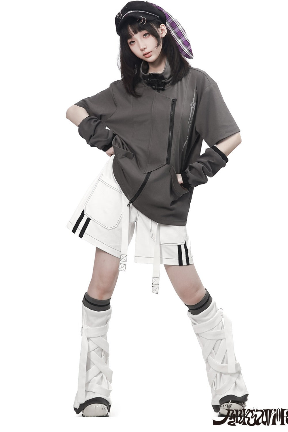Gray Functional Stand Collar Zipper Short-Sleeve Set-Up