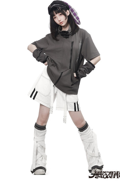Gray Functional Stand Collar Zipper Short-Sleeve Set-Up