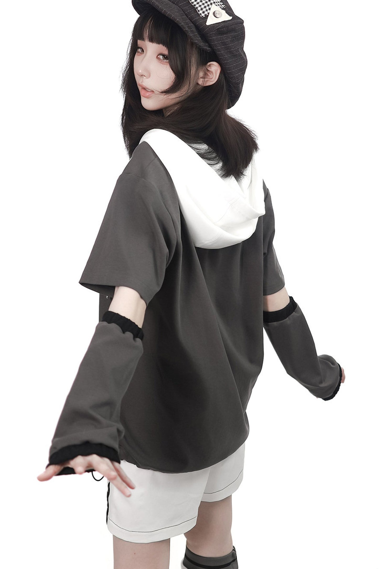 Gray Functional Stand Collar Zipper Short-Sleeve Set-Up