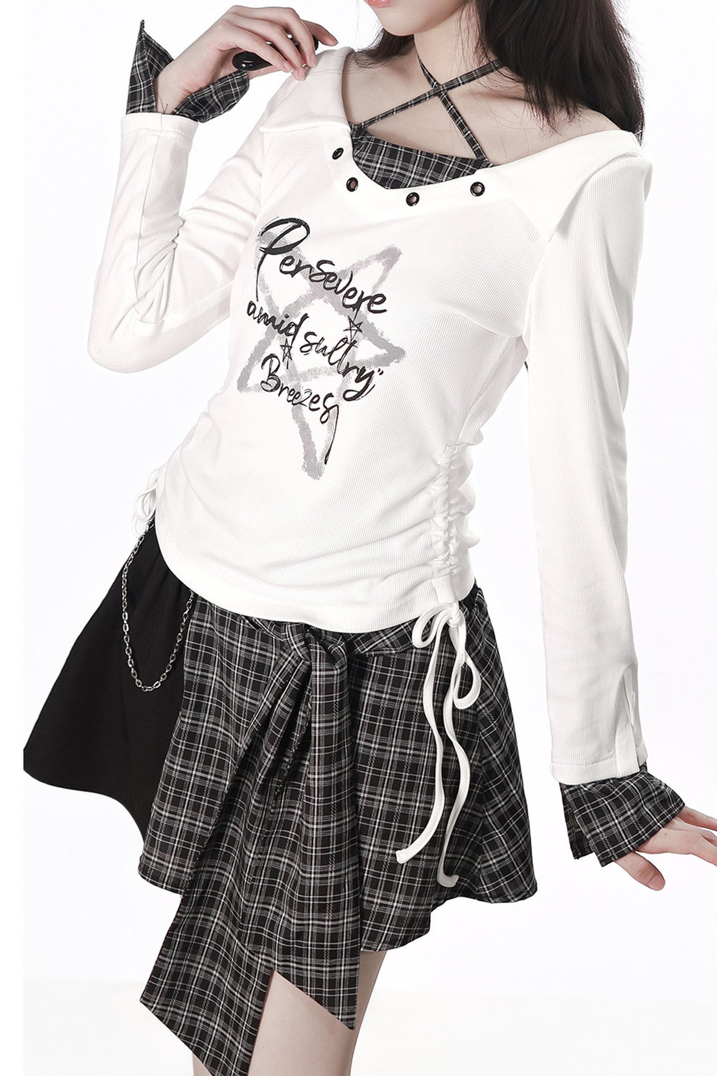 Irregular Plaid Layered-Look Dress With Top and Skirt Set-Up