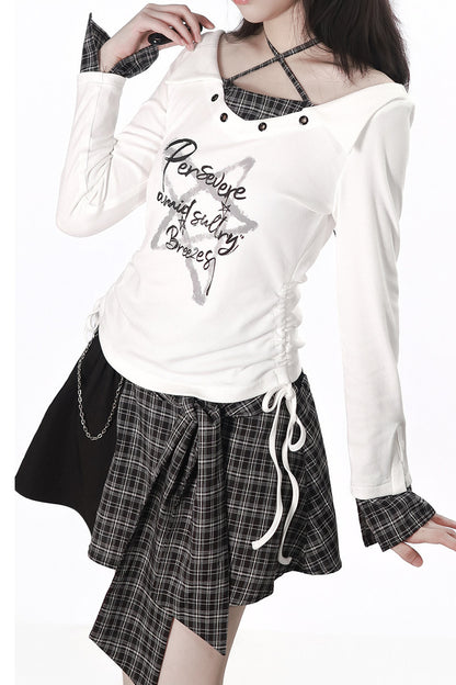 Irregular Plaid Layered-Look Dress With Top and Skirt Set-Up