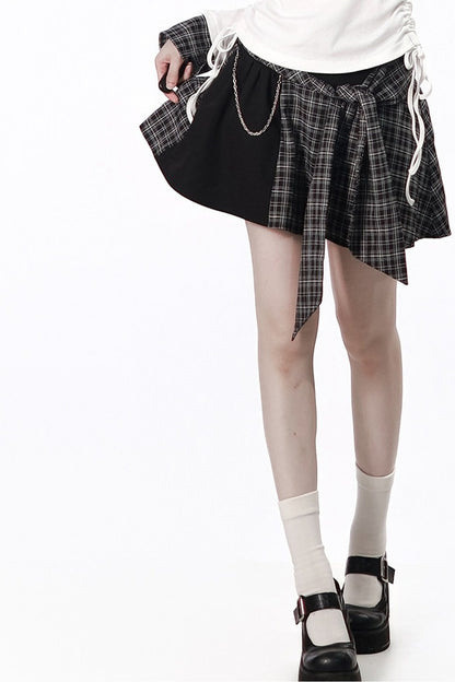 Irregular Plaid Layered-Look Dress With Top and Skirt Set-Up