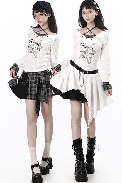 Irregular Plaid Layered-Look Dress With Top and Skirt Set-Up