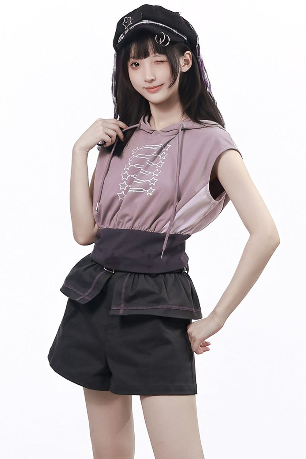 Gray-Purple T-Shirt With Skirt and Pants Set-Up
