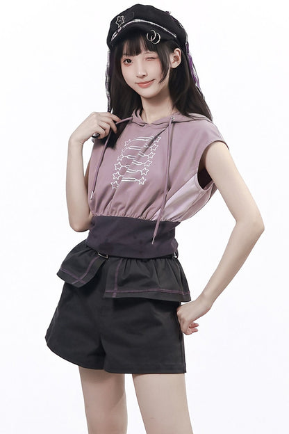 Gray-Purple T-Shirt With Skirt and Pants Set-Up