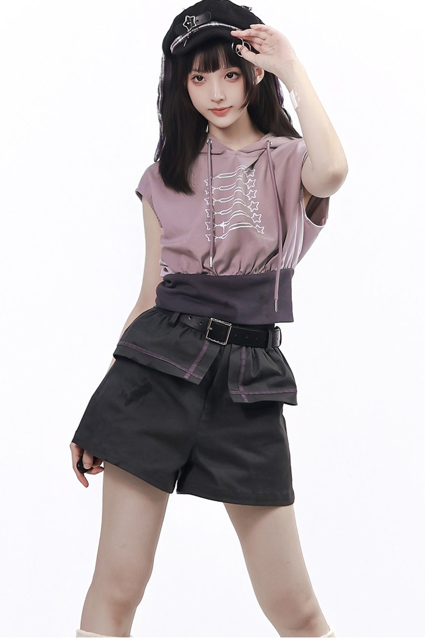 Gray-Purple T-Shirt With Skirt and Pants Set-Up