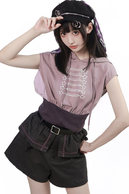 Gray-Purple T-Shirt With Skirt and Pants Set-Up