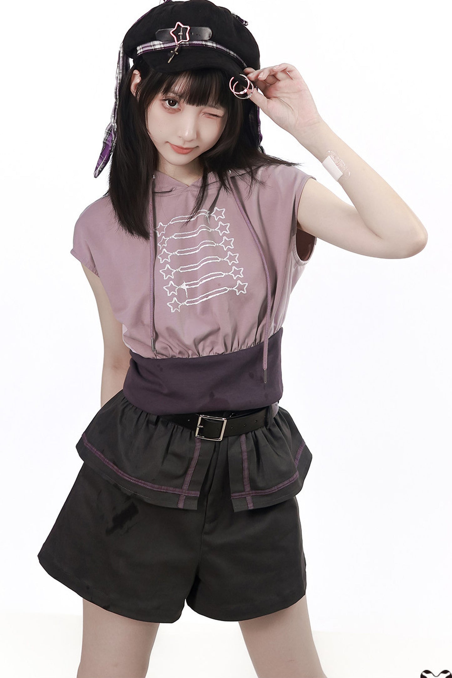 Gray-Purple T-Shirt With Skirt and Pants Set-Up