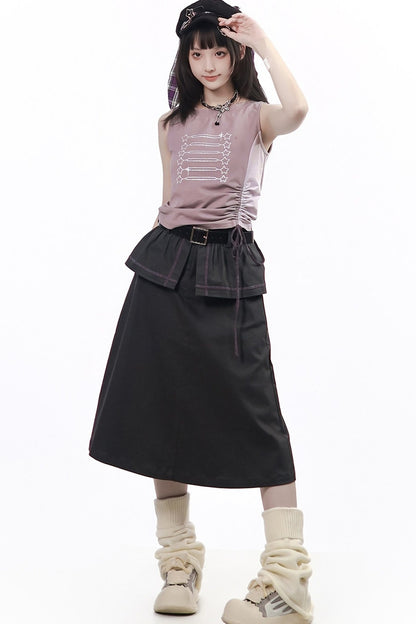 Gray-Purple T-Shirt With Skirt and Pants Set-Up