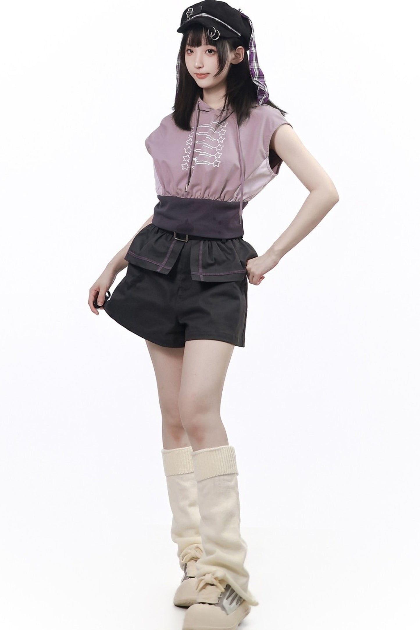 Gray-Purple T-Shirt With Skirt and Pants Set-Up