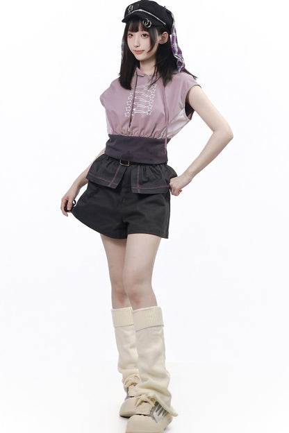 Gray-Purple T-Shirt With Skirt and Pants Set-Up