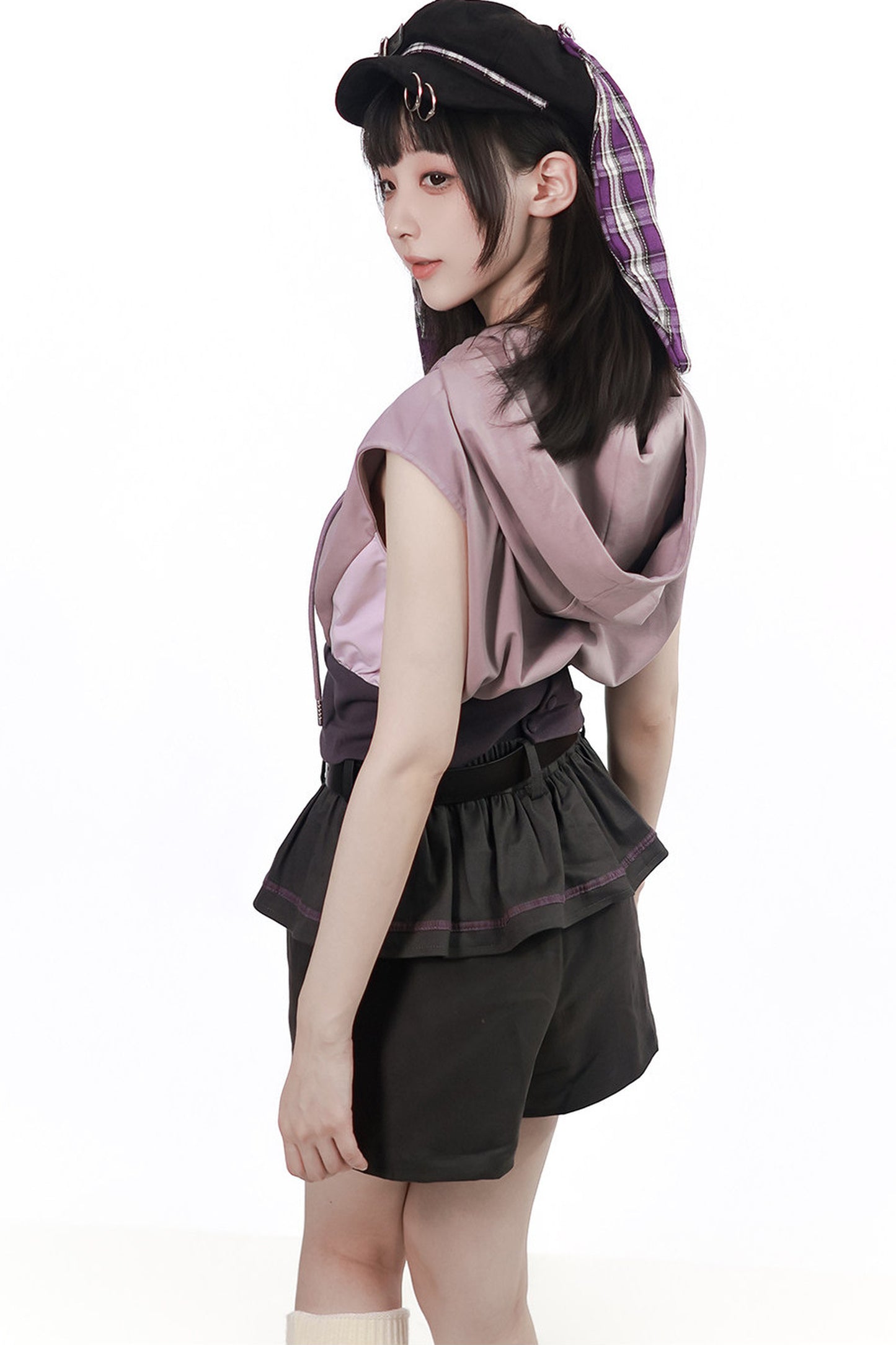 Gray-Purple T-Shirt With Skirt and Pants Set-Up