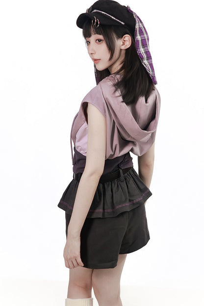 Gray-Purple T-Shirt With Skirt and Pants Set-Up
