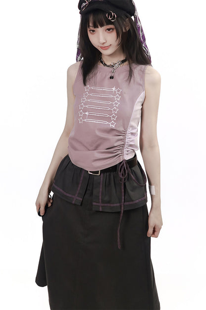 Gray-Purple T-Shirt With Skirt and Pants Set-Up